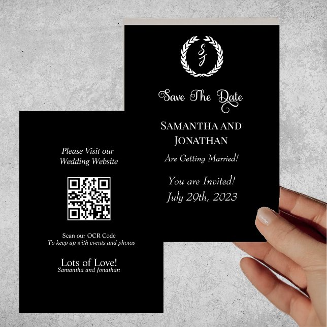 Invitation Élégant classique noir Monogramme Wreath Date de s (Créateur téléchargé)