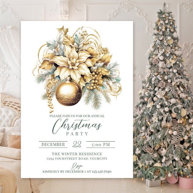 Invitation Élégant classique or vert luxe Noël (Gold luxury elegant Christmas party invitation)