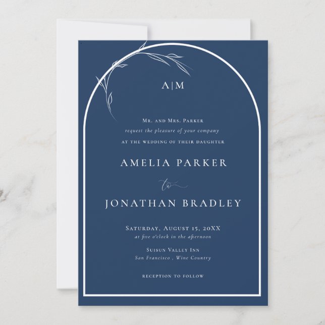 Invitation Élégant Classique Script Bleu | Mariage Formel (Devant)
