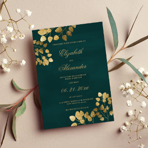 Invitation Élégant classique vert foncé d'or eucalyptus maria