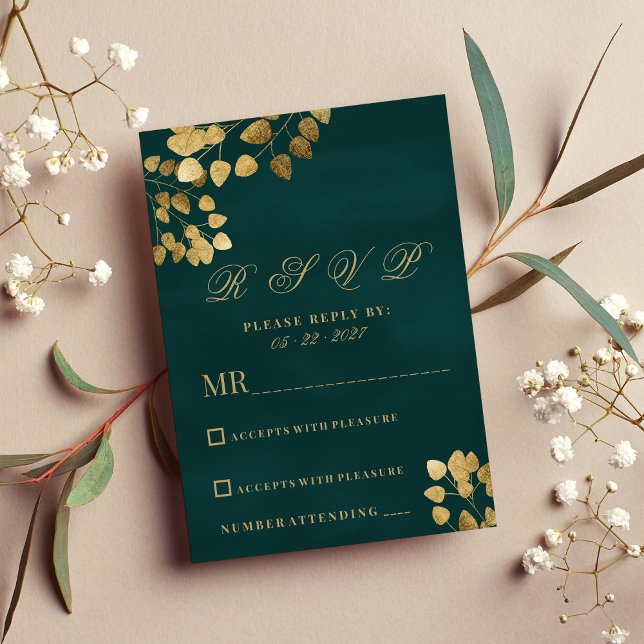 Invitation Elégant classique vert foncé d'or eucalyptus RSVP (Elegant classic dark green gold eucalyptus RSVP)