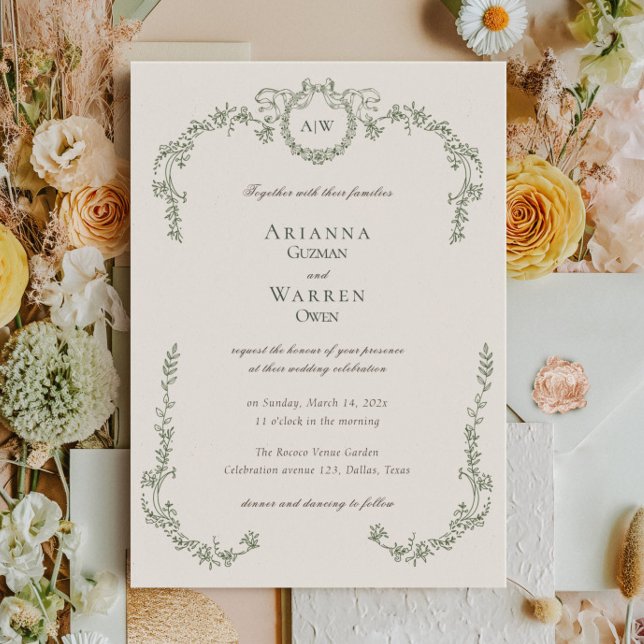 Invitation Élégant Classique Vintage Mariage Vert Monogramme  (Elegant Classic Vintage Green Monogram Wedding Invitation)