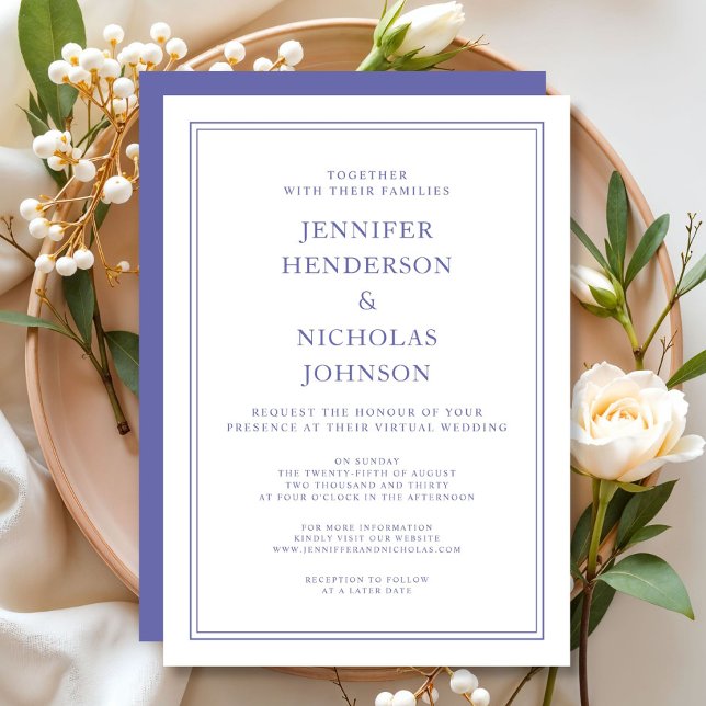 Invitation Élégant classique violet et blanc Mariage virtuel  (Elegant Classic Purple & White Virtual Wedding Inv Invitation)