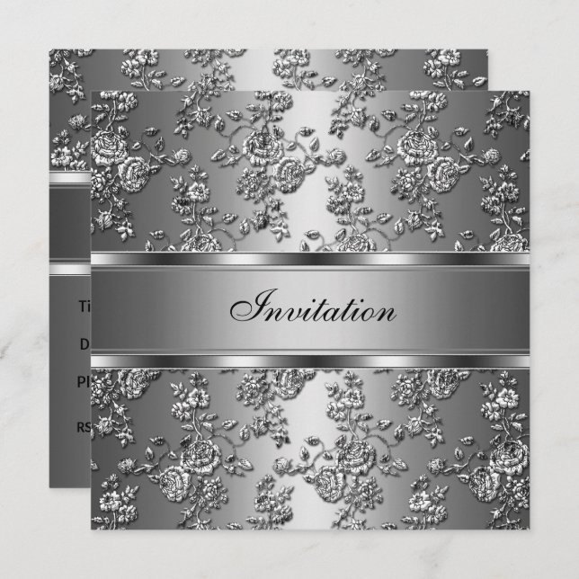 Invitation Elegant Classy Argent Embossé Floral (Devant / Derrière)