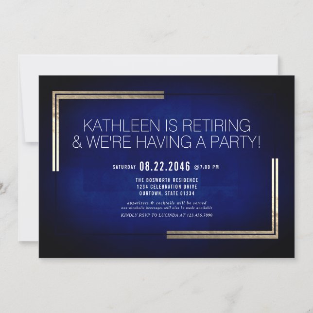 Invitation Élégant Classy Blue/Gold Retraite Party (Devant)