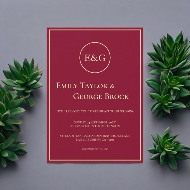 Invitation Élégant Classy Bourgogne Or Monogramme Chic Mariag (Créateur téléchargé)