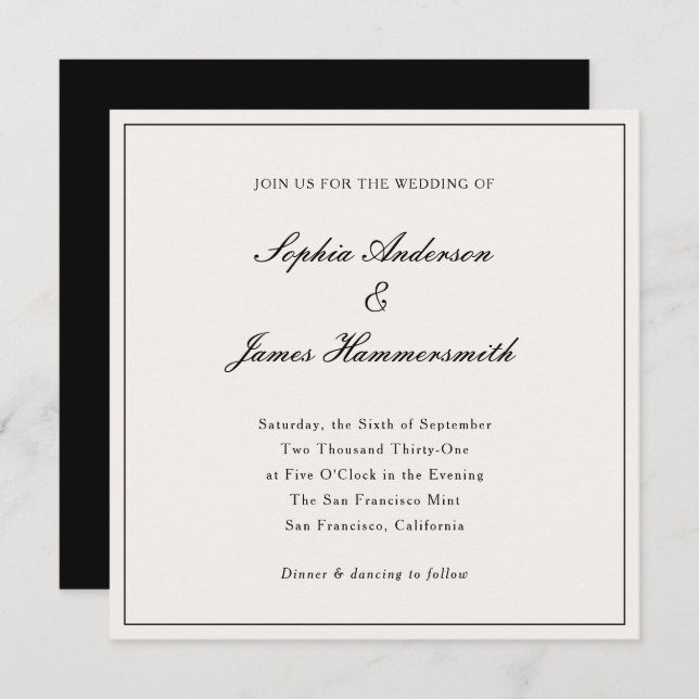 Invitation Élégant Classy Formal Cadre Noir Mariage de script (Devant / Derrière)