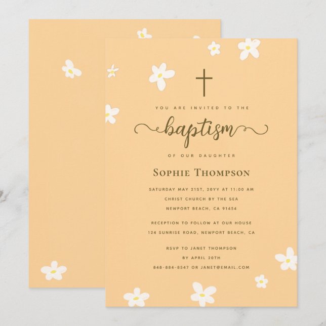 Invitation Elégant Classy Gold Cross Floral Religieux Baptême (Devant / Derrière)