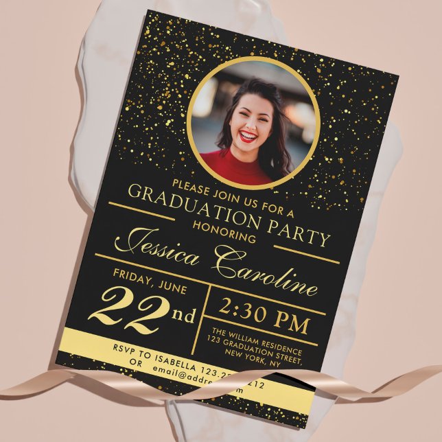 Invitation Élégant Classy Graduation Golden sparkles 2 Photos (Créateur téléchargé)