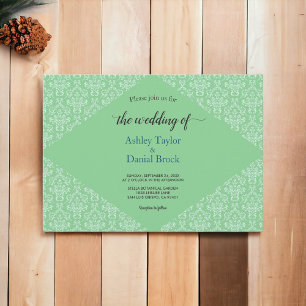 Invitation Élégant Classy Green Damask Script Mariage officie