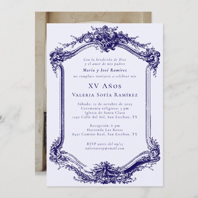 Invitation Elégant Classy Navy Blue Quinceañera 15e anniversa (Devant / Derrière)