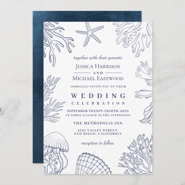 Invitation Elégant Classy Navy White Coral Beach Mariage (Devant / Derrière)