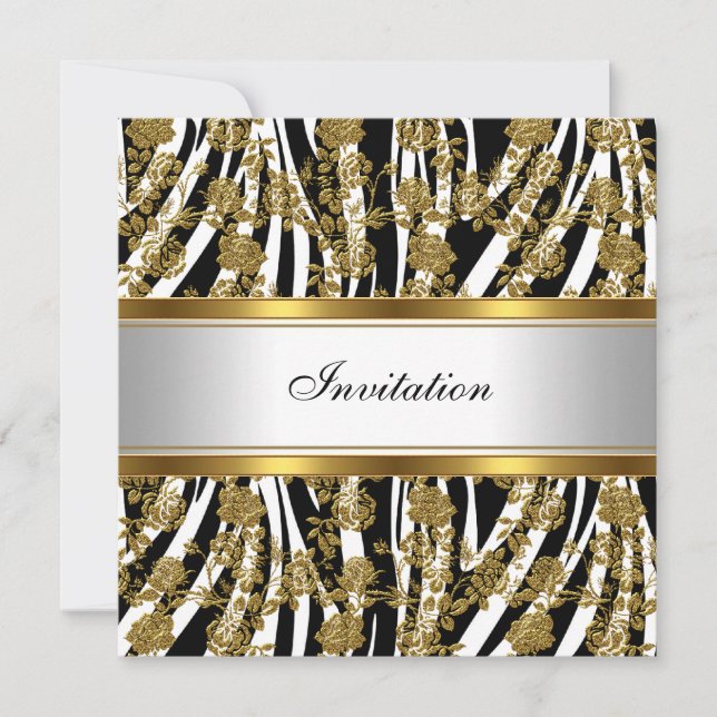 Invitation Elegant Classy Or Black Zebra Floral (Devant)