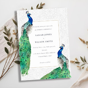 Invitation Elégant Classy Ornate Aquarelle Peacock Mariage