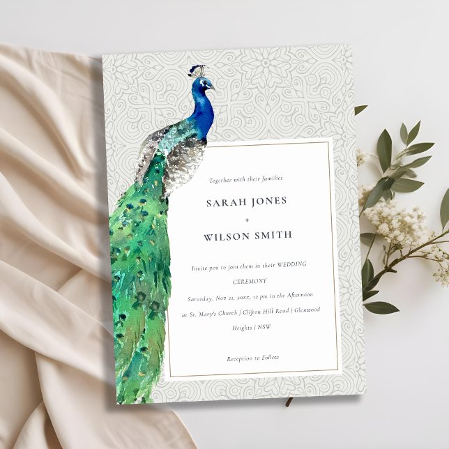 Invitation Elégant Classy Ornate Aquarelle Peacock Mariage (Créateur téléchargé)