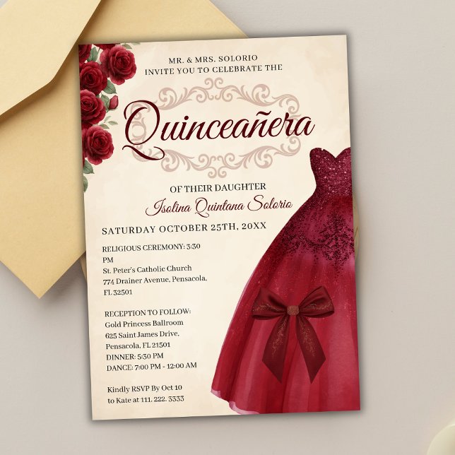 Invitation Elegant Classy Quinceanera 15th birthday Burgundy  (Créateur téléchargé)