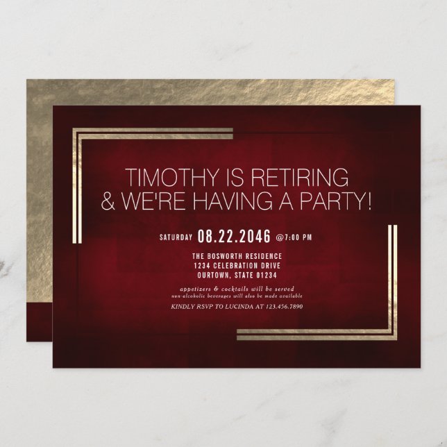 Invitation Élégant Classy Red/Gold Retraite Party (Devant / Derrière)