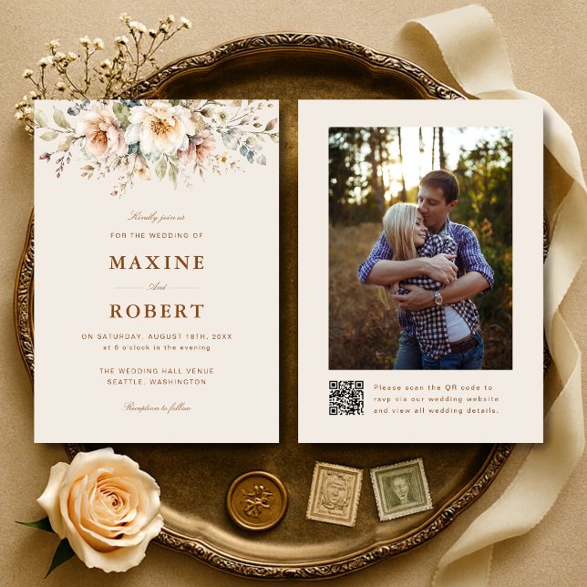 Invitation Élégant Code QR Aquarelle Florale Photo Mariage (Elegant floral watercolor QR code photo wedding invitation with timeless elegance.)