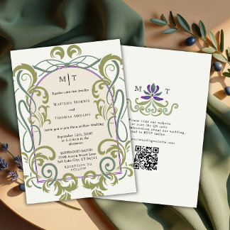 Invitation Élégant Code QR Art Nouveau Floral Mariage Vintage