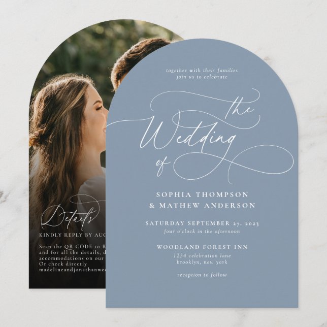 Invitation Élégant Code QR Bleu Poussiéreux Arche de Mariage  (Devant / Derrière)