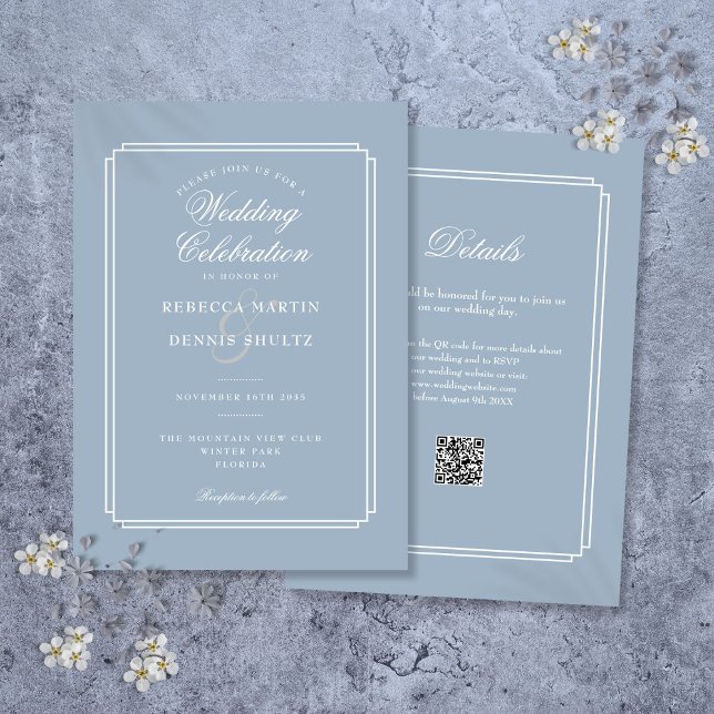 Invitation Élégant Code QR Bleu Poussiéreux Art Déco Mariage (Elegant Dusty Blue QR Code Art Deco Wedding Invitation)