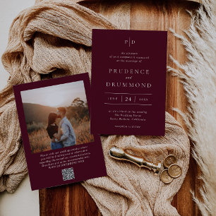 Invitation Élégant Code QR Bordeaux Classique Mariage