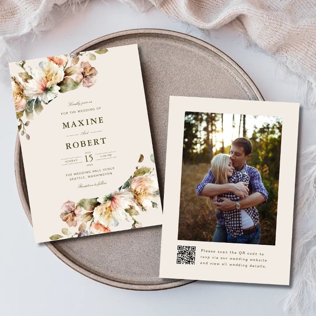 Invitation Élégant Code QR Botanique Floral Photo Mariage (Elegant floral botanical QR code photo wedding invitation with soft floral elegance.)