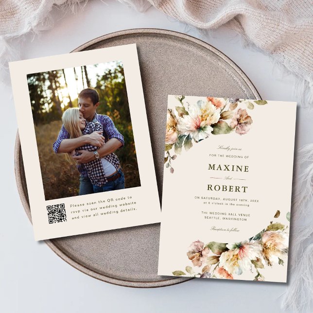 Invitation Élégant Code QR Botanique Floral Photo Mariage (Elegant floral botanical QR code photo wedding invitation with elegant botanical charm.)