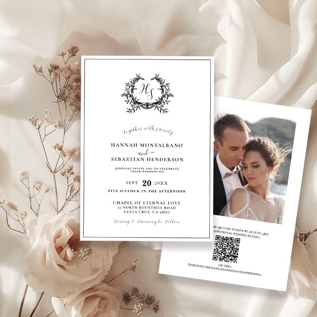 Invitation Élégant Code QR Crête Monogramme Noir/Blanc Mariag (Créateur téléchargé)