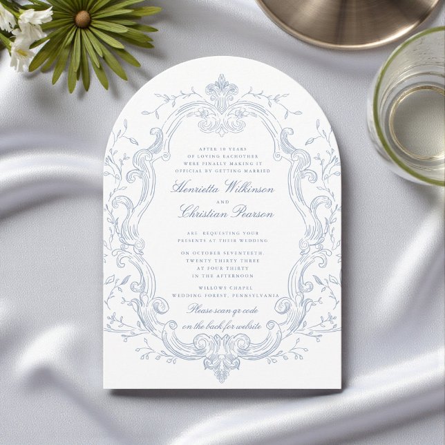 Invitation Élégant Code QR de Cadre Floral Bleu Mariage (Créateur téléchargé)
