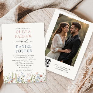 Invitation Élégant Code QR de Fleur Sauvage pour Mariage en P