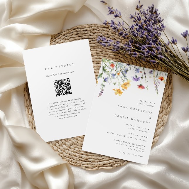 Invitation Élégant Code QR de Fleurs Sauvages pour Mariage Mi (Créateur téléchargé)