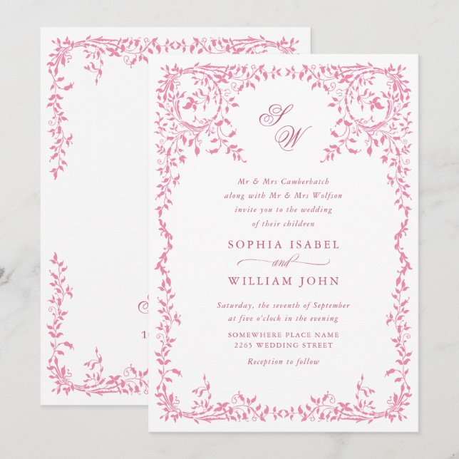 Invitation Élégant code QR de mariage à cadre floral orné fra (Devant / Derrière)