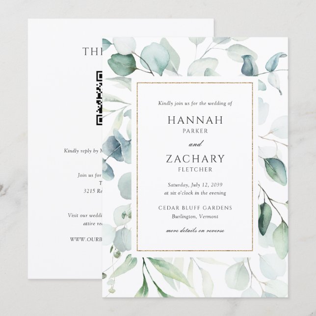 Invitation Élégant Code QR de Mariage à l'Aquarelle Verte (Devant / Derrière)