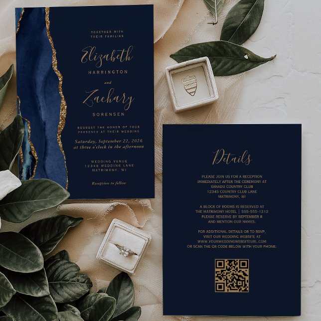 Invitation Élégant Code QR de mariage bleu marine agate doré (Créateur téléchargé)