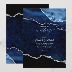 Invitation Élégant code QR de mariage bleu marine et argenté