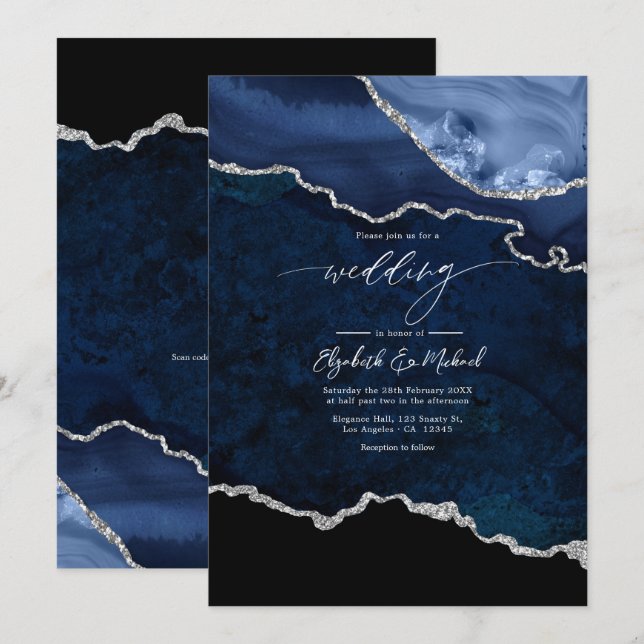 Invitation Élégant code QR de mariage bleu marine et argenté  (Devant / Derrière)