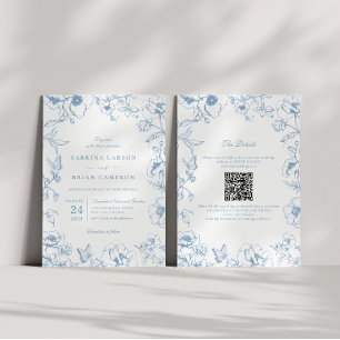Invitation Élégant code QR de mariage de jardin floral bleu p