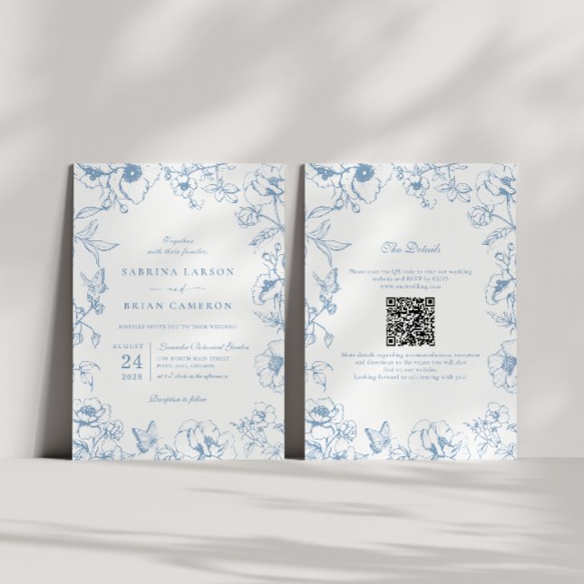Invitation Élégant code QR de mariage de jardin floral bleu p (Créateur téléchargé)