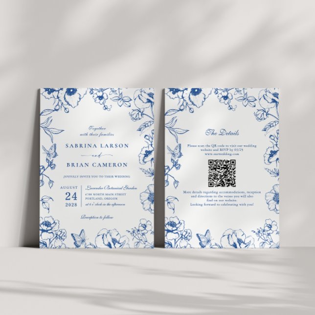 Invitation Élégant code QR de mariage de jardin floral bleu r (Créateur téléchargé)