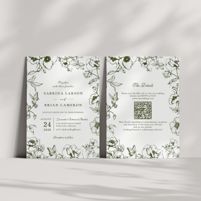 Invitation Élégant code QR de mariage de jardin floral vert o (Créateur téléchargé)