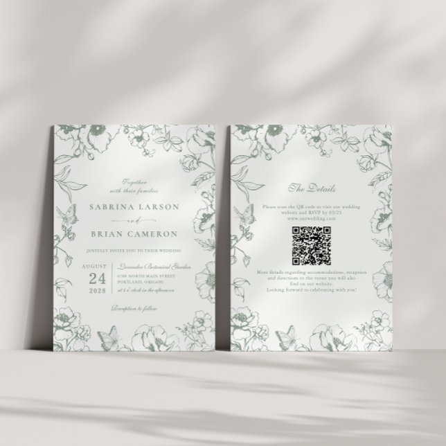 Invitation Élégant code QR de mariage de jardin floral vert s (Créateur téléchargé)