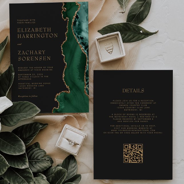Invitation Élégant Code QR de Mariage en Or avec Agate Vert É (Créateur téléchargé)