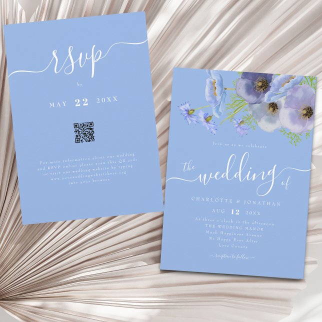 Invitation Élégant Code QR de Mariage Floral Bleu Bohème Chic (Elegant whimsical script watercolor wildflower floral bouquet blue wedding qr code invitation )
