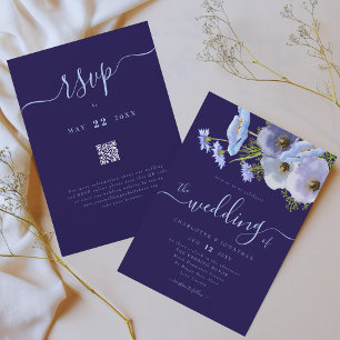 Invitation Élégant Code QR de Mariage Floral Bleu Bohème Chic