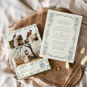 Invitation Élégant Code QR de Photo Vert Sauge Mariage Vintag