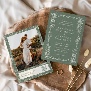Invitation Élégant Code QR de Photo Vert Sauge pour Mariage V