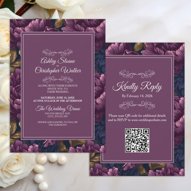 Invitation Élégant code QR de réponse florale Bourgogne pour  (Elegant burgundy velvet floral wedding invitation/rsvp combo with your QR code )