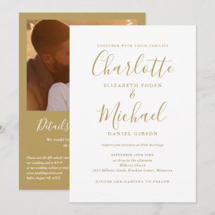 Invitation Élégant Code QR de Script Doré Photo Mariage
