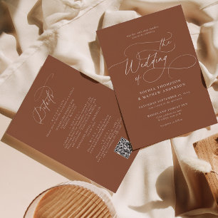 Invitation Élégant code QR en terre cuite tout en un Mariage